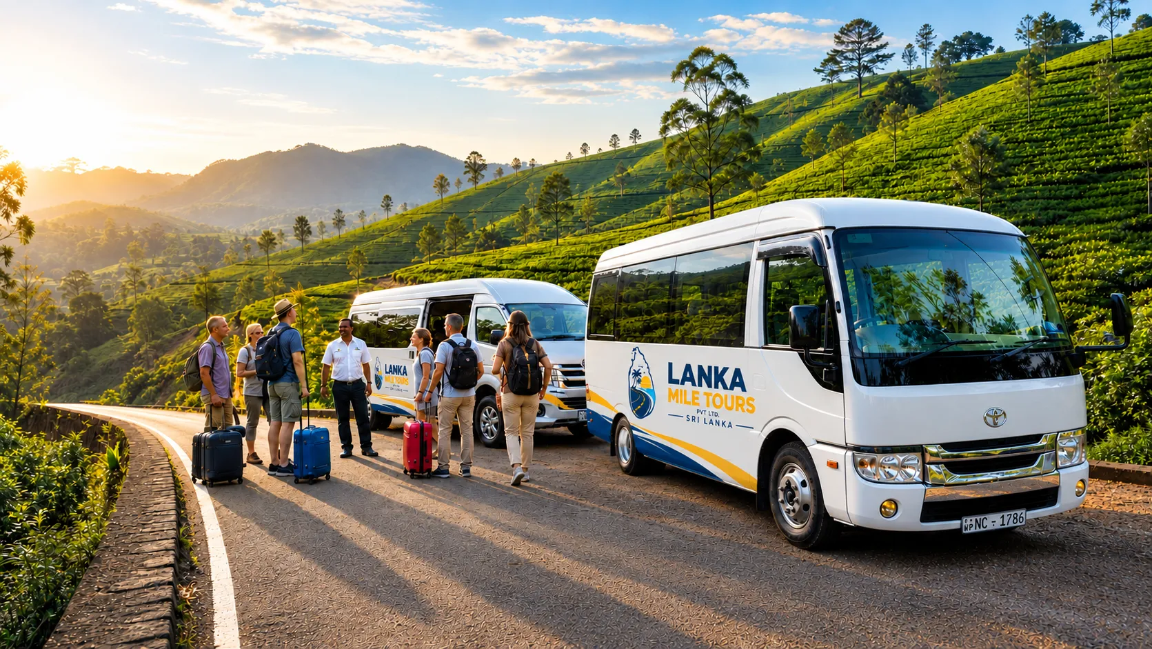 Tourist van with driver on a scenic road in Sri Lanka
